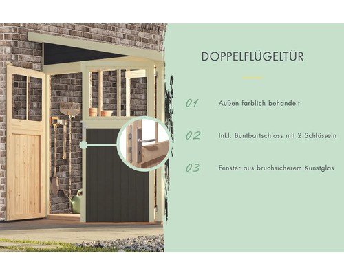 Doppelflügeltür mit lackierter Oberfläche, Buntbartschloss mit zwei Schlüsseln und Fenster aus bruchsicherem Kunststoffglas