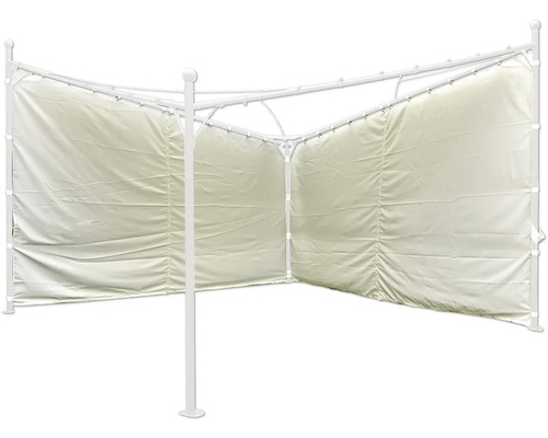 Freistehender, weisser Sichtschutz mit Textilbespannung