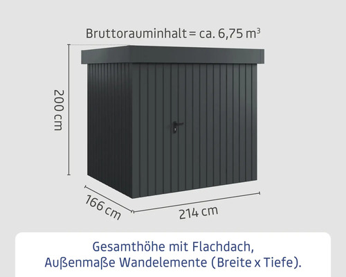 Abmessungen eines Geräteschuppens mit Flachdach.