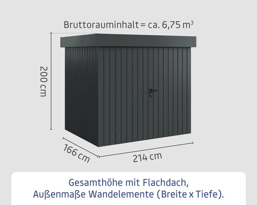 Abbildung eines Gerätehauses mit den Maßen 214 Zentimeter Breite, 166 Zentimeter Tiefe und 200 Zentimeter Höhe.