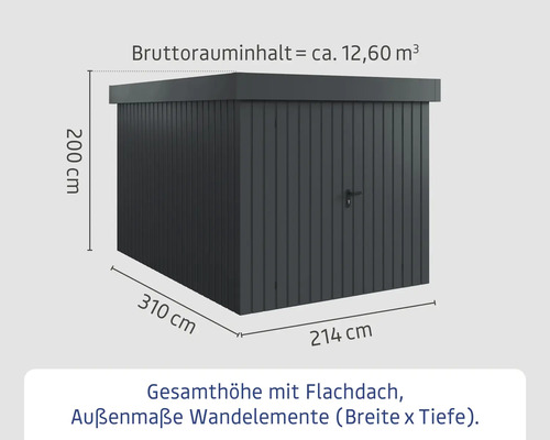 Gartenschrank aus Metall mit Flachdach und den Maßen 310 x 214 x 200 cm