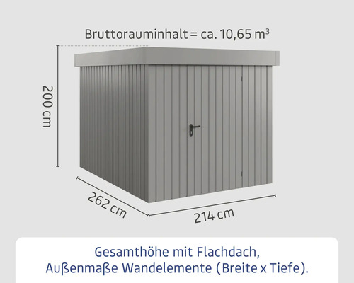 Abmessungen eines Gerätehauses mit Flachdach, Höhe 200 cm, Breite 214 cm, Tiefe 262 cm