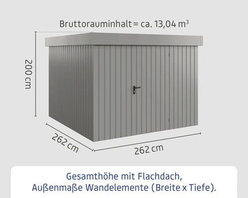 Abbildung eines Gerätehauses mit Flachdach und Maßangaben