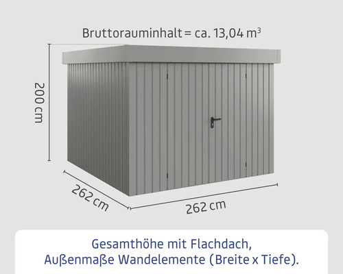Abmessungen eines Geräteschuppens mit Flachdach, Außenmaße der Wandelemente: Breite 262 cm, Tiefe 262 cm, Höhe 200 cm, Bruttorauminhalt circa 13,04 Kubikmeter.