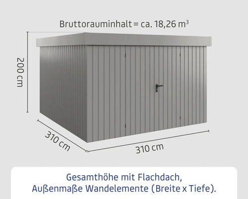 Abmessungen eines Geräteschuppens mit Flachdach und einer Bruttorauminhalt von circa 18,26 Kubikmeter