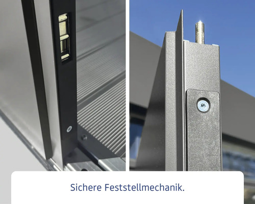 Sichere Feststellmechanik für Terrassenüberdachung.
