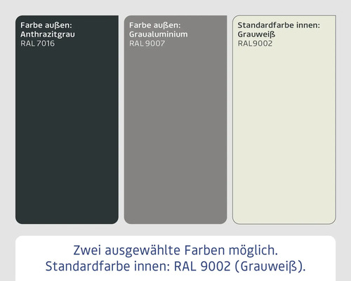 Farbauswahl: Anthrazitgrau RAL 7016, Graualuminium RAL 9007 und Grauweiß RAL 9002
