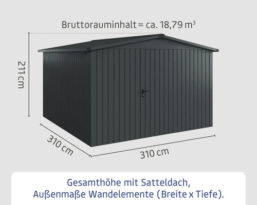 Gartenschuppen aus Metall mit Satteldach und Maßangaben