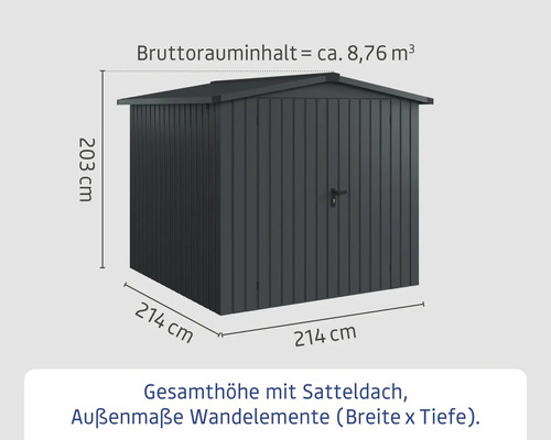 Abbildung eines Gerätehauses mit den Maßen 214 mal 214 mal 203 Zentimeter und einem Bruttorauminhalt von circa 8,76 Kubikmeter.