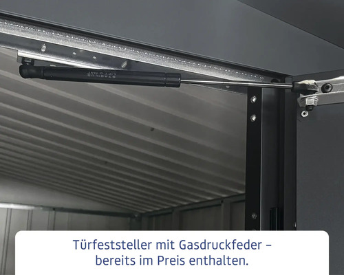 Türfeststeller mit Gasdruckfeder in einem Gerätehaus
