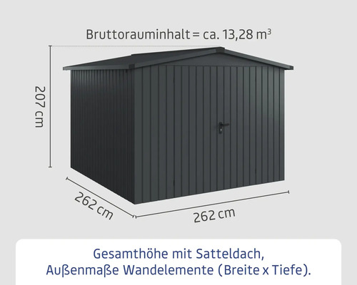 Abmessungen eines Gerätehauses mit Satteldach und den Maßen 262 x 262 x 207 Zentimeter