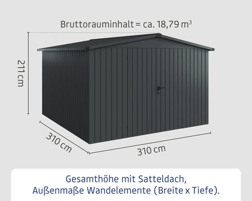 Abbildung eines Gerätehauses mit Maßangaben zu Höhe, Breite und Tiefe