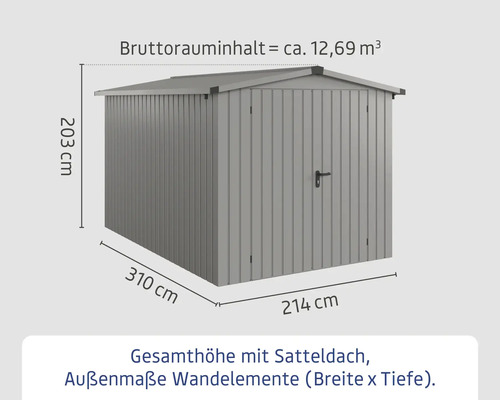 Gartengerätehaus mit Satteldach und Maßangaben
