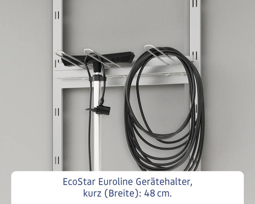 EcoStar Euroline Gerätehalter mit Staubsauger und Kabelaufwicklung an einer Regalschiene