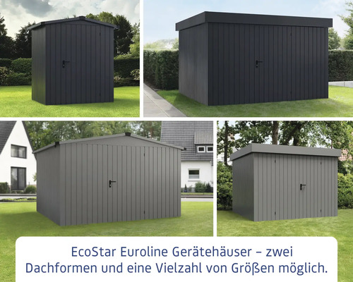 EcoStar Euroline Gerätehäuser mit verschiedenen Dachformen und Größen auf Rasenflächen