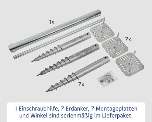 Erdanker Set mit Einschraubhilfe, Erdankern, Montageplatten und Winkeln