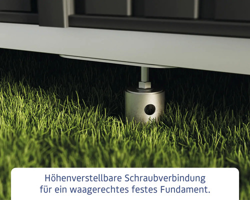Höhenverstellbare Schraubverbindung zur Nivellierung eines Gartenhauses auf Rasen