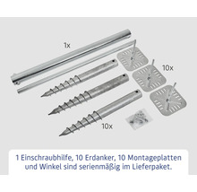 Set mit zehn Erdankern, zehn Montageplatten, einer Einschraubhilfe und Schrauben für die Montage