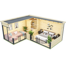 Modell eines Holzhauses mit Wohnzimmer, Schlafzimmer und Dusche