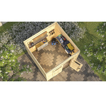 Holzgartenhaus mit Werkbank und Gartengeräten von oben