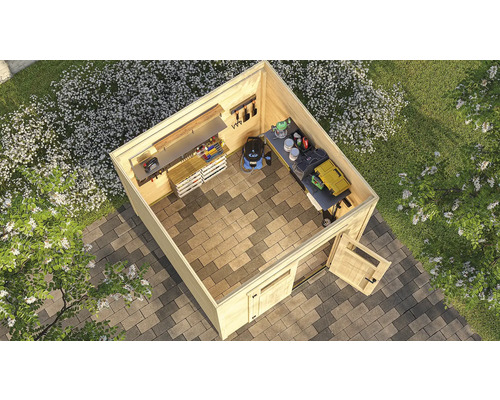 Holzgartenhaus mit Werkbank und Gartengeräten von oben