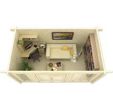 Holzgartenhaus Innenansicht mit Büromöbeln, Sofa und Bücherregal
