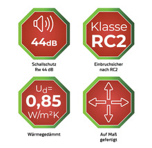 Piktogramme für Schallschutz 44 Dezibel, Klasse RC2 Einbruchsicherheit, Wärmedämmung 0,85 Watt pro Quadratmeter Kelvin, Maßanfertigung