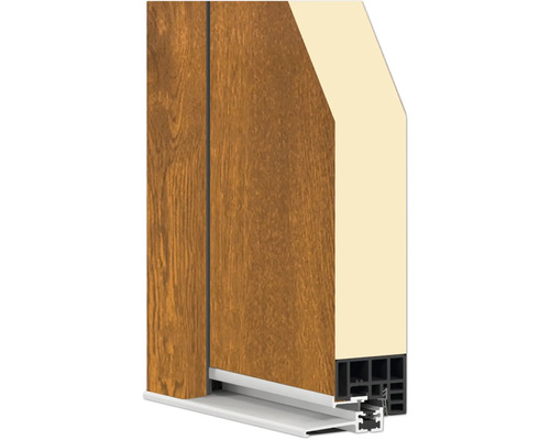 Querschnitt einer Tür mit Holzstruktur und Kunststoffrahmen