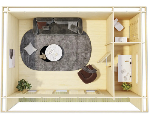 Draufsicht eines Wohnbereichs mit Sofa, Teppich, Tischen und Regalen