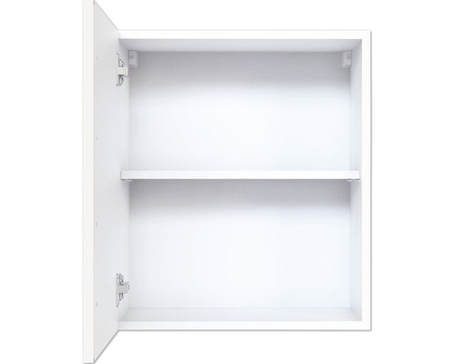 Offener weißer Badezimmerschrank mit einem Einlegeboden