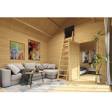 Innenansicht eines Holzhauses mit Wohnbereich, Treppe und Schlafzimmer