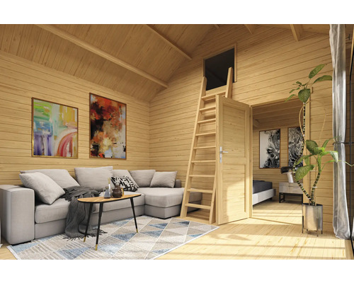 Innenansicht eines Holzhauses mit Wohnbereich, Treppe und Schlafzimmer