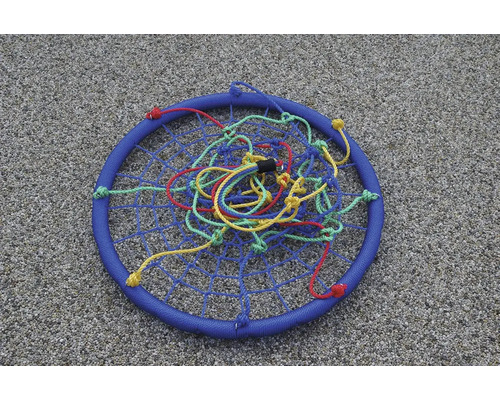 Nestschaukel mit blauem Rahmen und farbigen Seilen