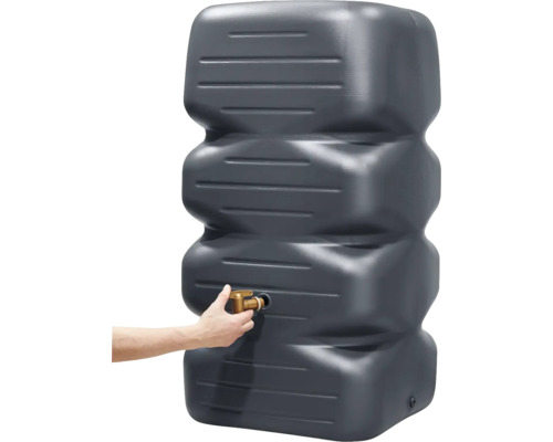 Grauer Regenwassertank mit Wasserhahn