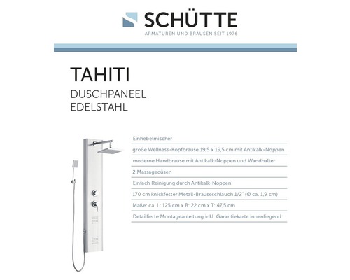 Schütte Tahiti Duschpaneel aus Edelstahl mit Kopfbrause, Handbrause und Massagedüsen