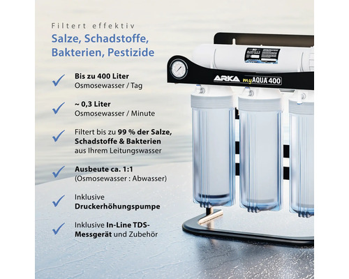 Arka myAqua 400 Osmoseanlage zur effektiven Filterung von Salzen, Schadstoffen, Bakterien und Pestiziden