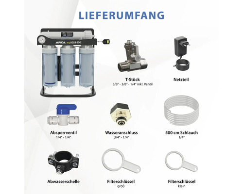 Lieferumfang eines Wasserfiltersystems mit T-Stück, Netzteil, Absperrventil, Wasseranschluss, Schlauch, Abwasserschelle und Filterschlüsseln.