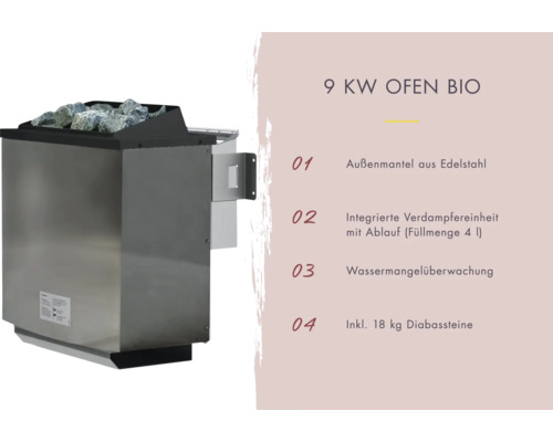 9 Kilowatt Saunaofen mit Edelstahl-Außenmantel, integrierter Verdampfereinheit und 18 Kilogramm Diabassteinen