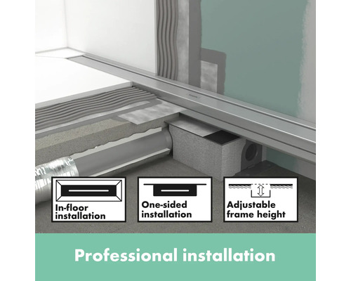 Professionelle Installation einer Duschrinne mit verschiedenen Einbauvarianten und verstellbarer Rahmenhöhe.