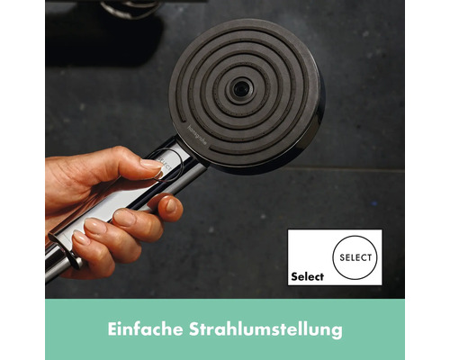 Hand hält Hansgrohe Duschkopf mit Select Funktion
