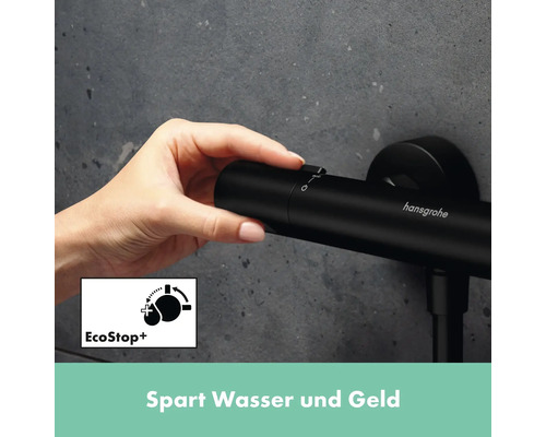 Hand betätigt schwarze Hansgrohe Armatur mit EcoStop Funktion