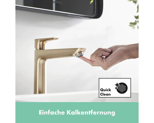 Goldene Armatur mit einfacher Kalkentfernung und Quick Clean Symbol.