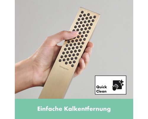Handbrause in Gold mit Antikalkfunktion in der Hand gehalten