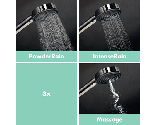 Duschkopf mit drei Strahlarten: PowderRain, IntenseRain und Massage