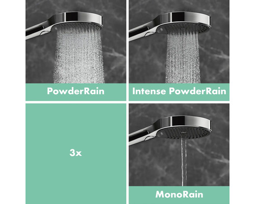 Duschkopf mit drei Strahlarten: PowderRain, Intense PowderRain und MonoRain.