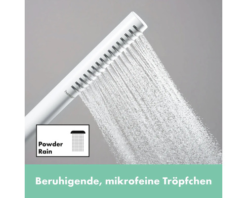 Hansgrohe Logo, Handbrause mit PowderRain Strahlart im Betrieb