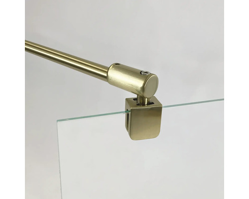 Detailaufnahme einer Duschkabinenhalterung aus Metall mit Glaseinsatz.