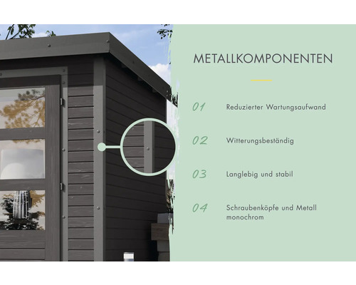Detailansicht eines Gartenhauses mit hervorgehobenen Metallkomponenten und zugehörigen Vorteilen