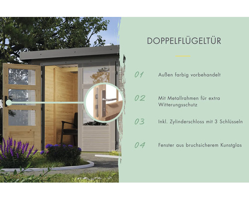 Doppelflügeltür mit Metallrahmen, Zylinderschloss und Kunstglasfenstern für Gartenhaus
