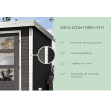 Detailansicht eines Gartenhauses mit Fokus auf Metallkomponenten und deren Eigenschaften